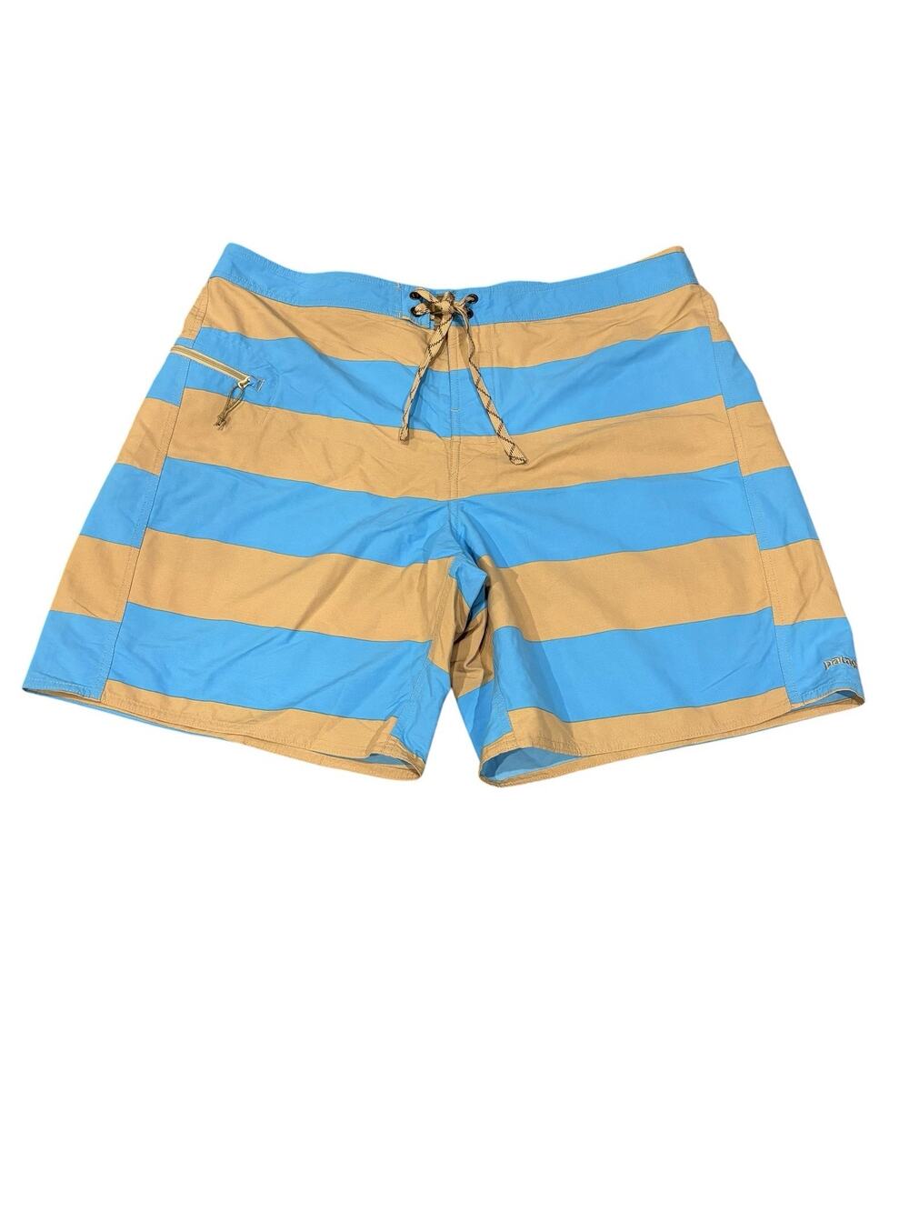 Patagonia Wavefarer Board Shorts 40 Light Blue Tan Wide Stripes 8" Inseam